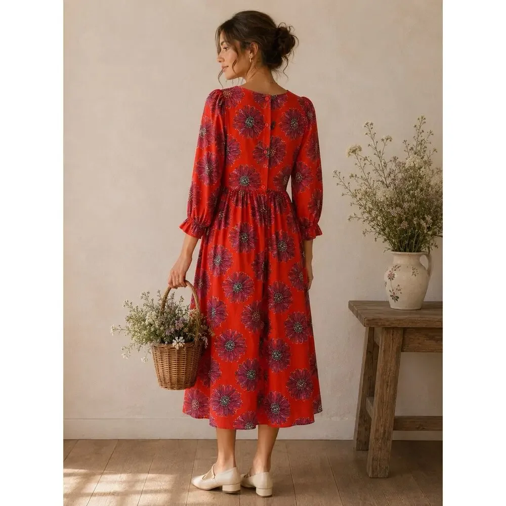 Orange Floral Midi Dress Cottagecore Prairie Empire Waist 3/4 Sleeve Boho S